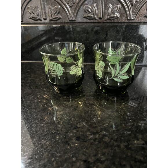Libbey Apollo Old Fashion Glasses Green Leaves Vintage Set of 2 - Picture 1 of 7